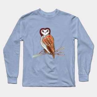 Barn Owl and Hearts Perched on Branch Long Sleeve T-Shirt